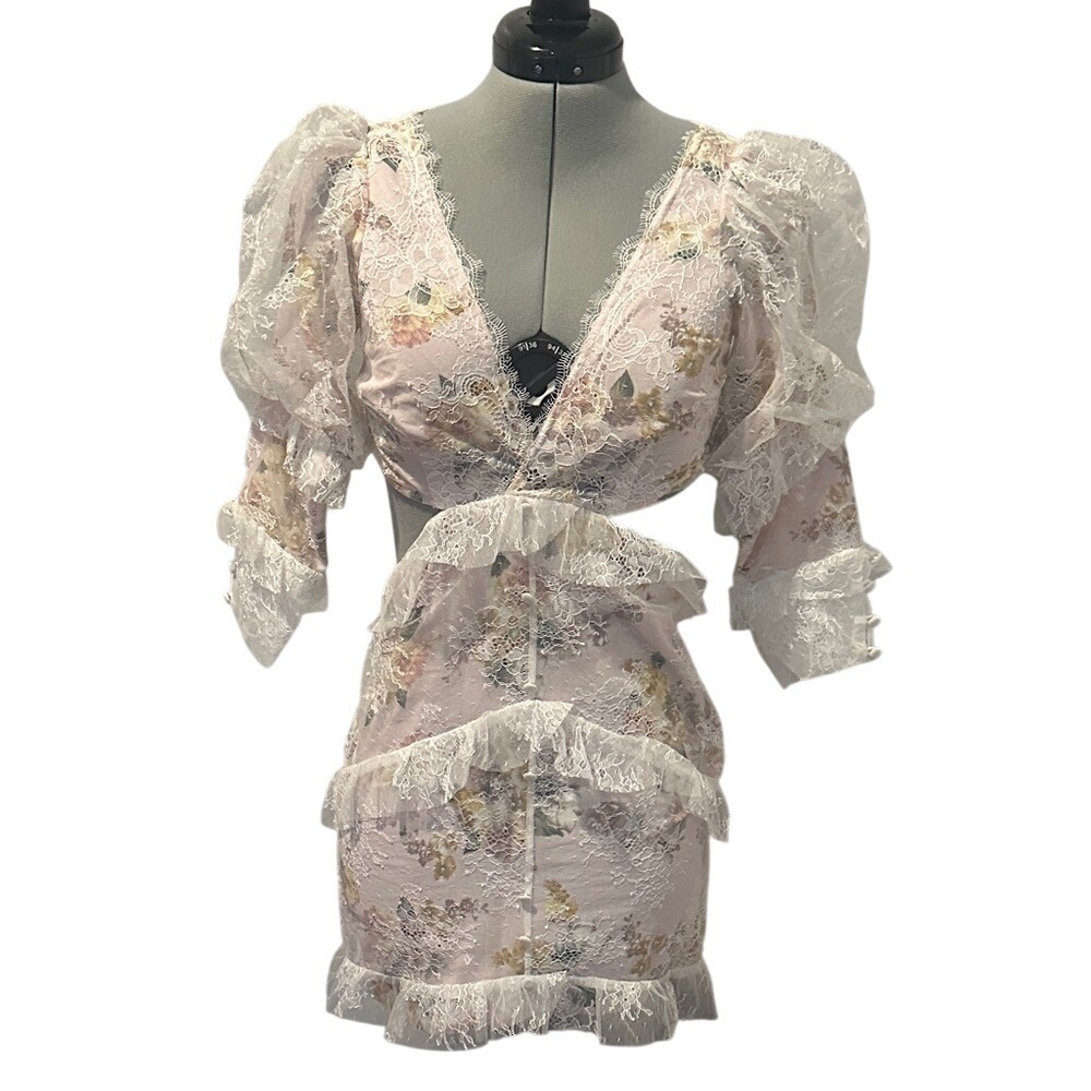 For Love And Lemons Floral Lace Mini Dress - Pink and White